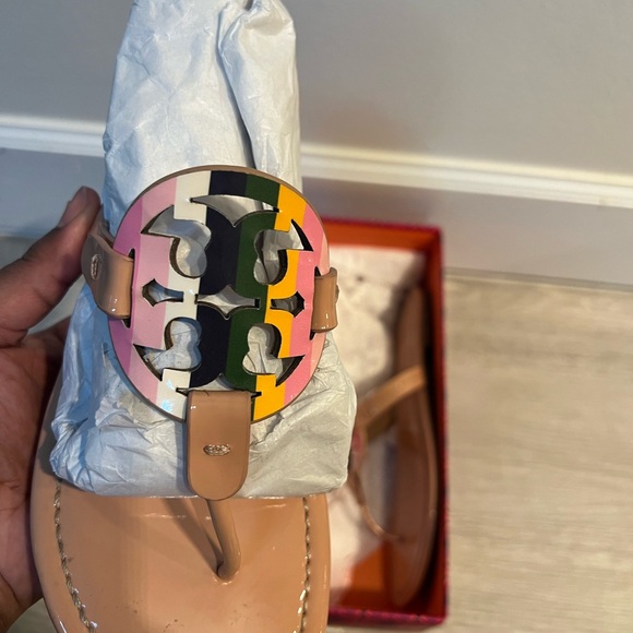 Tory Burch Shoes - Tory Burch Nude Thong Sandal with Pink, Green, Yellow & Black Logo